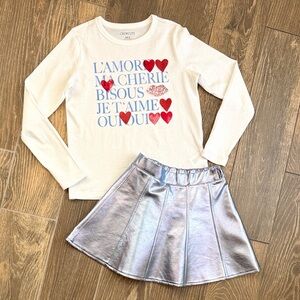 J.Crew Girls’ L’Amour Long-Sleeve Sequin Heart Tee/Metallic Faux Leather Skirt—M